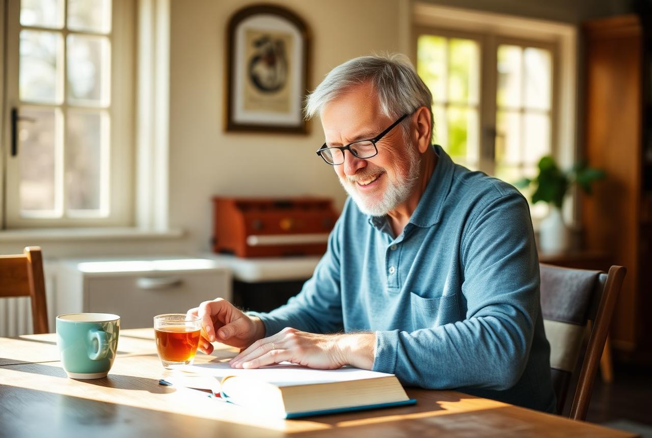 Man reading calmly at a sunlit table as part of a healthy daily brain routine